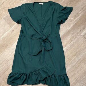 Elegant Green Wrap Dress with Ruffle Detail